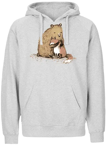Flauschiger Bär Umarmt Kleinen Fuchs Gemütliche Kunst - Bär umarmt Fuchs, Waldtier Illustration, Bleistift Kunst Erdtöne, warme Tier Umarmung, Bär Fuchs Shirt, künstlerische Tier Illustration, Waldtierfreunde, gemütliche süße Kunst, fürsorglicher Tier Druck, Tier Skizze Illustration, besonderes Tier Geschenk, flauschiger Karamell Bär, süßer weißer orangener Fuchs, Tier Zuneigung Kunst, Tierfreundschaft Geschenk - Fairtrade Hoodie