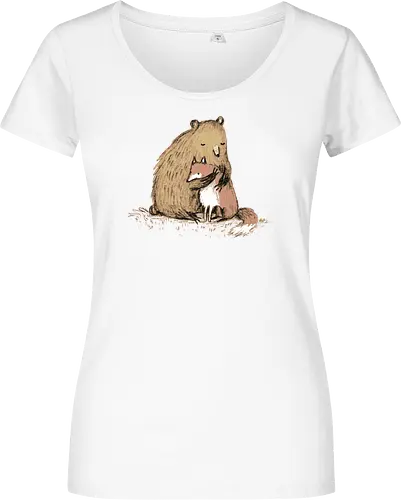 Flauschiger Bär Umarmt Kleinen Fuchs Gemütliche Kunst - Bär umarmt Fuchs, Waldtier Illustration, Bleistift Kunst Erdtöne, warme Tier Umarmung, Bär Fuchs Shirt, künstlerische Tier Illustration, Waldtierfreunde, gemütliche süße Kunst, fürsorglicher Tier Druck, Tier Skizze Illustration, besonderes Tier Geschenk, flauschiger Karamell Bär, süßer weißer orangener Fuchs, Tier Zuneigung Kunst, Tierfreundschaft Geschenk - Women T-Shirt