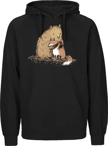 Flauschiger Bär Umarmt Kleinen Fuchs Gemütliche Kunst - Bär umarmt Fuchs, Waldtier Illustration, Bleistift Kunst Erdtöne, warme Tier Umarmung, Bär Fuchs Shirt, künstlerische Tier Illustration, Waldtierfreunde, gemütliche süße Kunst, fürsorglicher Tier Druck, Tier Skizze Illustration, besonderes Tier Geschenk, flauschiger Karamell Bär, süßer weißer orangener Fuchs, Tier Zuneigung Kunst, Tierfreundschaft Geschenk - Fairtrade Hoodie