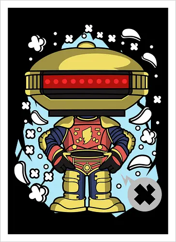 Roboter Scheibenkopf Goldene Rote Rüstung Superheld Pop Art - Roboter goldener Scheibenkopf, Alpha 5, Power Rangers, Gold Ranger, goldene rote Heldenrüstung, Superheld Roboter Pop Art, roter Visier Roboter, 90er Geek Kunst, Roboter Kampfrüstung, Roboter Held Illustration, Geek Nostalgie Druck, goldener Roboter Popkultur, Roboter Held Shirt, bunter Pop Art Roboter, super goldene Rüstung, Blitz Brust Held, Roboter Held Pose, Geek Nostalgie Geschenk - Artprint