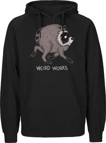 Weird Works Jimothy Raccoon - jimothy, animal, cryptid, feral, funny, jimothy raccoon, nature, quirky, raccoon, stay weird, strange, viral meme, weird, weirdo, wildlife - Fairtrade Hoodie