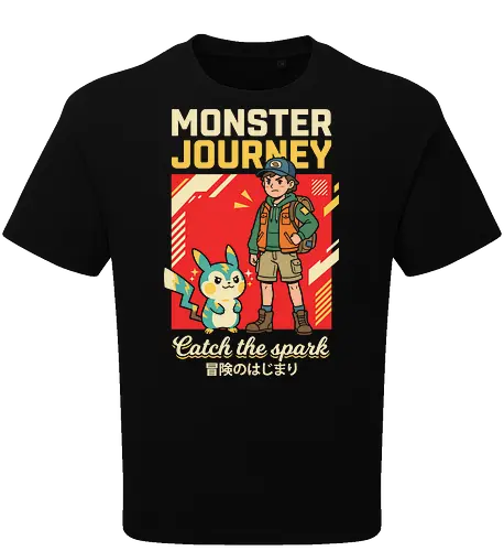 Monster Journey: Catch the Spark - retro gaming shirt, 90s anime apparel, monster catching graphic tee, vintage gamer streetwear, electric mouse design, nostalgic anime clothing, kawaii adventure fashion, Japanese pop art shirt, otaku lifestyle tee, catch the spark graphic - Oversize T-Shirt