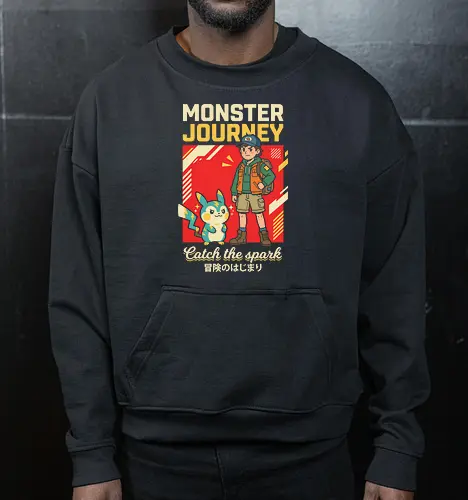 Monster Journey: Catch the Spark - retro gaming shirt, 90s anime apparel, monster catching graphic tee, vintage gamer streetwear, electric mouse design, nostalgic anime clothing, kawaii adventure fashion, Japanese pop art shirt, otaku lifestyle tee, catch the spark graphic - Cropped Sweatshirt