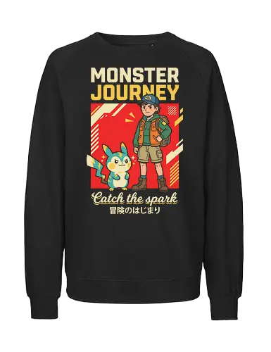 Monster Journey: Catch the Spark - retro gaming shirt, 90s anime apparel, monster catching graphic tee, vintage gamer streetwear, electric mouse design, nostalgic anime clothing, kawaii adventure fashion, Japanese pop art shirt, otaku lifestyle tee, catch the spark graphic - Fairtrade Sweatshirt