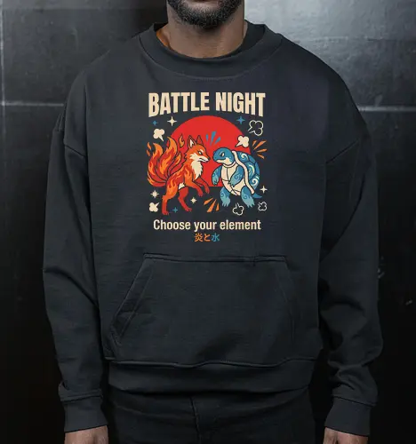 Battle Night: Fire vs. Water - retro gaming shirt, monster battle graphic tee, fire fox apparel, water turtle design, nostalgic 90s gamer streetwear, choose your element clothing, elemental anime fashion, Japanese pop art shirt, vintage video game merch, cute monster fight tee - Cropped Sweatshirt