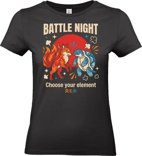 Battle Night: Fire vs. Water - retro gaming shirt, monster battle graphic tee, fire fox apparel, water turtle design, nostalgic 90s gamer streetwear, choose your element clothing, elemental anime fashion, Japanese pop art shirt, vintage video game merch, cute monster fight tee - Standard T-Shirt (Women)