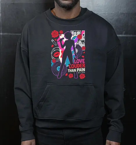 Love Louder: The Punk Rock Rose - Nana inspired shirt, punk rock anime graphic tee, Y2K aesthetic streetwear, shoujo manga apparel, alternative anime clothing, grunge music shirt, retro collage art design, red rose punk merch, negative space anime fashion, female vocalist graphic - Cropped Sweatshirt