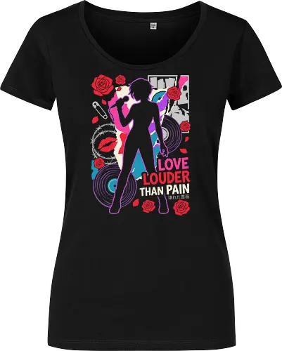 Love Louder: The Punk Rock Rose - Nana inspired shirt, punk rock anime graphic tee, Y2K aesthetic streetwear, shoujo manga apparel, alternative anime clothing, grunge music shirt, retro collage art design, red rose punk merch, negative space anime fashion, female vocalist graphic - Women T-Shirt