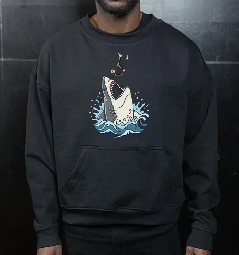 Apex Predator: The Great Dive - Great white shark shirt, ocean predator graphic tee, scuba diver apparel, marine biology streetwear, edgy shark design, retro ocean wave clothing, thriller movie aesthetic, sea monster merch, aesthetic surf fashion, deep blue sea tee - Cropped Sweatshirt