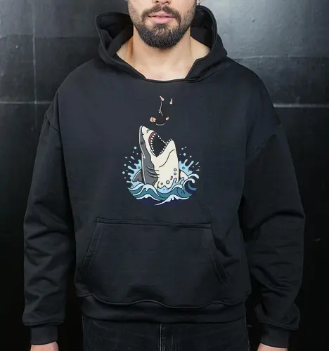 Apex Predator: The Great Dive - Great white shark shirt, ocean predator graphic tee, scuba diver apparel, marine biology streetwear, edgy shark design, retro ocean wave clothing, thriller movie aesthetic, sea monster merch, aesthetic surf fashion, deep blue sea tee - Cropped Hoodie