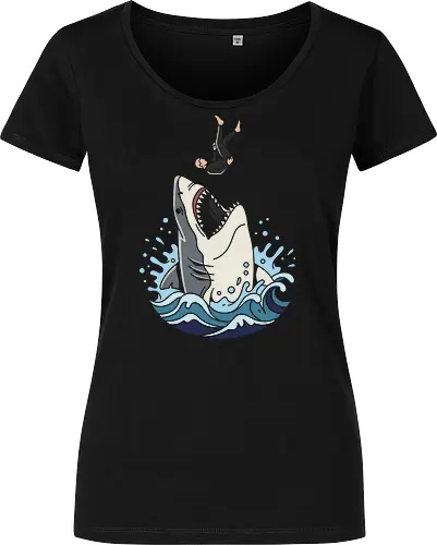 Apex Predator: The Great Dive - Great white shark shirt, ocean predator graphic tee, scuba diver apparel, marine biology streetwear, edgy shark design, retro ocean wave clothing, thriller movie aesthetic, sea monster merch, aesthetic surf fashion, deep blue sea tee - Women T-Shirt