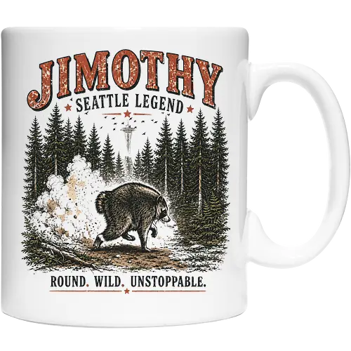 Jimothy Waschbär – Seattle Legende | Wild & Unaufhaltsam - Jimothy Waschbär, Seattle, Waschbär, Seattle Legende, Pacific Northwest, Wald, Wildtier, Space Needle, Vintage Design, Retro Stil, Tiermotiv, Natur, USA, Outdoor, Tierliebhaber - Cup