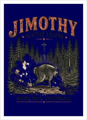 Jimothy Waschbär – Seattle Legende | Wild & Unaufhaltsam - Jimothy Waschbär, Seattle, Waschbär, Seattle Legende, Pacific Northwest, Wald, Wildtier, Space Needle, Vintage Design, Retro Stil, Tiermotiv, Natur, USA, Outdoor, Tierliebhaber - Artprint