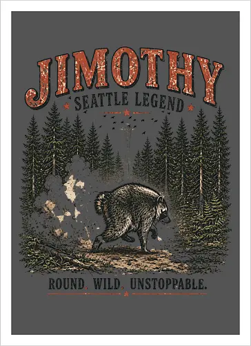Jimothy Waschbär – Seattle Legende | Wild & Unaufhaltsam - Jimothy Waschbär, Seattle, Waschbär, Seattle Legende, Pacific Northwest, Wald, Wildtier, Space Needle, Vintage Design, Retro Stil, Tiermotiv, Natur, USA, Outdoor, Tierliebhaber - Artprint