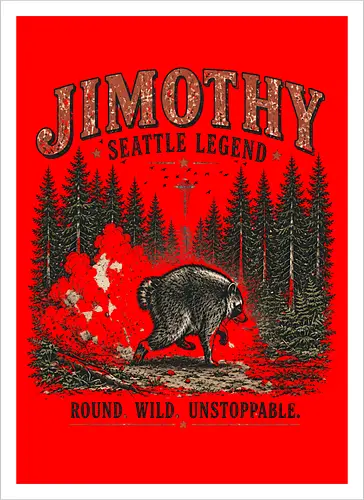 Jimothy Waschbär – Seattle Legende | Wild & Unaufhaltsam - Jimothy Waschbär, Seattle, Waschbär, Seattle Legende, Pacific Northwest, Wald, Wildtier, Space Needle, Vintage Design, Retro Stil, Tiermotiv, Natur, USA, Outdoor, Tierliebhaber - Artprint