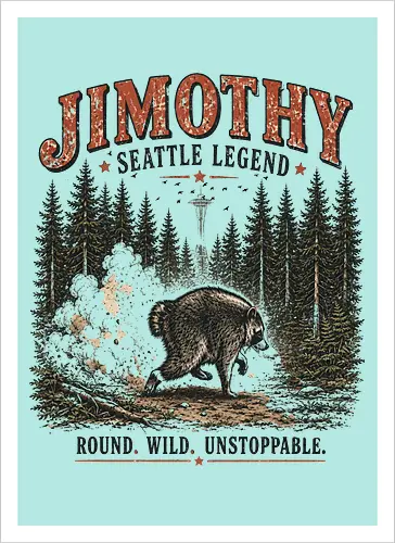 Jimothy Waschbär – Seattle Legende | Wild & Unaufhaltsam - Jimothy Waschbär, Seattle, Waschbär, Seattle Legende, Pacific Northwest, Wald, Wildtier, Space Needle, Vintage Design, Retro Stil, Tiermotiv, Natur, USA, Outdoor, Tierliebhaber - Artprint