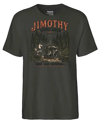 Jimothy Waschbär – Seattle Legende | Wild & Unaufhaltsam - Jimothy Waschbär, Seattle, Waschbär, Seattle Legende, Pacific Northwest, Wald, Wildtier, Space Needle, Vintage Design, Retro Stil, Tiermotiv, Natur, USA, Outdoor, Tierliebhaber - Fairtrade T-Shirt