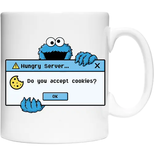 Hungry Server - A funny retro computer-inspired design that reimagines the classic cookie popup with geek humor. Perfect for programmers, developers, gamers, and tech enthusiasts. - Cup