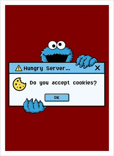 Hungry Server - A funny retro computer-inspired design that reimagines the classic cookie popup with geek humor. Perfect for programmers, developers, gamers, and tech enthusiasts. - Artprint