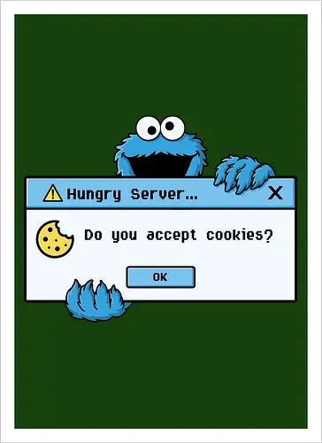 Hungry Server - A funny retro computer-inspired design that reimagines the classic cookie popup with geek humor. Perfect for programmers, developers, gamers, and tech enthusiasts. - Artprint