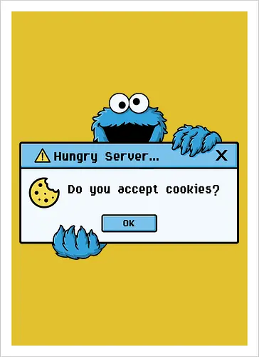 Hungry Server - A funny retro computer-inspired design that reimagines the classic cookie popup with geek humor. Perfect for programmers, developers, gamers, and tech enthusiasts. - Artprint