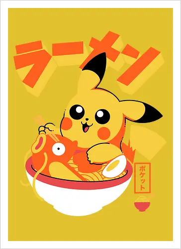 Pocket Ramen - ramen, yellow monster, fish, japanese food, kawaii, anime, noodles, pop culture, Cute, Gaming - Artprint