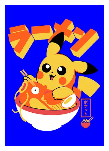 Pocket Ramen - ramen, yellow monster, fish, japanese food, kawaii, anime, noodles, pop culture, Cute, Gaming - Artprint