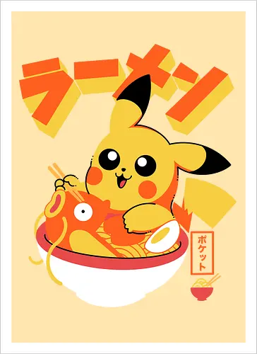 Pocket Ramen - ramen, yellow monster, fish, japanese food, kawaii, anime, noodles, pop culture, Cute, Gaming - Artprint