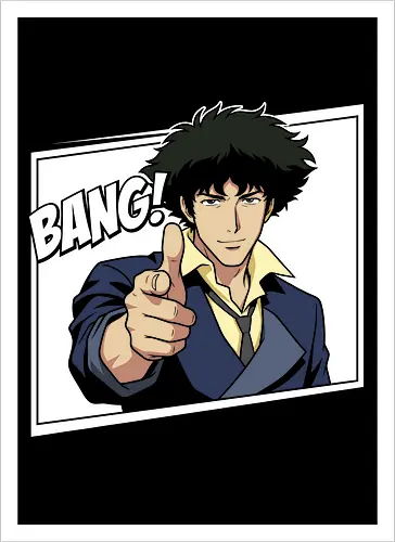 See You Space Cowboy: Minimalist Bang - Spike Spiegel shirt, Cowboy Bebop graphic tee, space cowboy merch, minimalist anime apparel, retro 90s anime streetwear, anime finger gun design, negative space anime art, classic sci-fi manga clothing, neo noir otaku fashion, vintage anime aesthetic - Artprint
