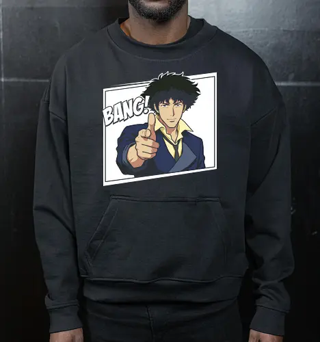 See You Space Cowboy: Minimalist Bang - Spike Spiegel shirt, Cowboy Bebop graphic tee, space cowboy merch, minimalist anime apparel, retro 90s anime streetwear, anime finger gun design, negative space anime art, classic sci-fi manga clothing, neo noir otaku fashion, vintage anime aesthetic - Cropped Sweatshirt