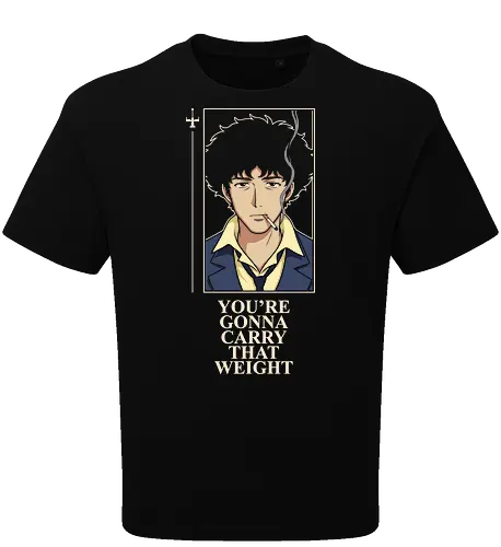 Carry That Weight: The Space Cowboy - Cowboy Bebop shirt, Spike Spiegel merch, carry that weight graphic tee, minimalist anime streetwear, retro 90s anime apparel, space cowboy clothing, aesthetic otaku fashion, neo noir anime design, nostalgic sci-fi tee, negative space anime art - Oversize T-Shirt