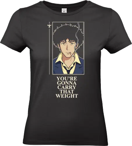 Carry That Weight: The Space Cowboy - Cowboy Bebop shirt, Spike Spiegel merch, carry that weight graphic tee, minimalist anime streetwear, retro 90s anime apparel, space cowboy clothing, aesthetic otaku fashion, neo noir anime design, nostalgic sci-fi tee, negative space anime art - Standard T-Shirt (Women)