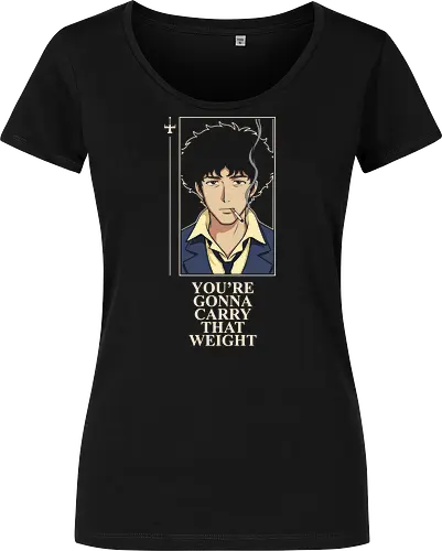 Carry That Weight: The Space Cowboy - Cowboy Bebop shirt, Spike Spiegel merch, carry that weight graphic tee, minimalist anime streetwear, retro 90s anime apparel, space cowboy clothing, aesthetic otaku fashion, neo noir anime design, nostalgic sci-fi tee, negative space anime art - Women T-Shirt