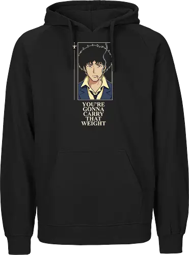 Carry That Weight: The Space Cowboy - Cowboy Bebop shirt, Spike Spiegel merch, carry that weight graphic tee, minimalist anime streetwear, retro 90s anime apparel, space cowboy clothing, aesthetic otaku fashion, neo noir anime design, nostalgic sci-fi tee, negative space anime art - Fairtrade Hoodie