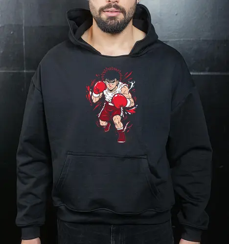 Dempsey Roll: The Fighting Spirit - Hajime no Ippo shirt, anime boxing graphic tee, Dempsey Roll apparel, sports anime streetwear, fighting spirit design, retro shonen manga clothing, gym motivation anime shirt, action pose graphic tee, Makunouchi Ippo merch, aesthetic otaku fashion - Cropped Hoodie