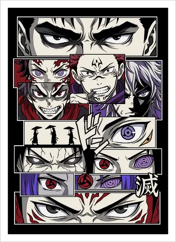 Visions of Power: Shonen Manga Panels - anime eyes shirt, manga panel graphic tee, shonen crossover apparel, anime streetwear fashion, aesthetic otaku clothing, Dojutsu eye design, anime heroes and villains, manga collage shirt, Japanese comic aesthetic, epic anime mashup tee - Artprint