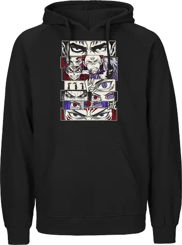Visions of Power: Shonen Manga Panels - anime eyes shirt, manga panel graphic tee, shonen crossover apparel, anime streetwear fashion, aesthetic otaku clothing, Dojutsu eye design, anime heroes and villains, manga collage shirt, Japanese comic aesthetic, epic anime mashup tee - Fairtrade Hoodie