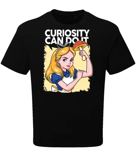 Curiosity Can Do It - A playful fantasy-inspired illustration celebrating curiosity, imagination, and courage through a clever reinterpretation of the iconic motivational poster. - Oversize T-Shirt