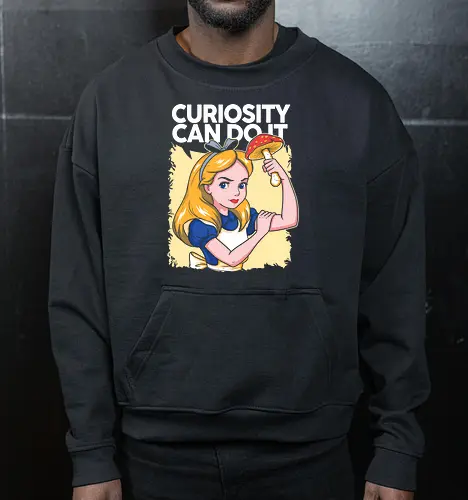 Curiosity Can Do It - A playful fantasy-inspired illustration celebrating curiosity, imagination, and courage through a clever reinterpretation of the iconic motivational poster. - Cropped Sweatshirt