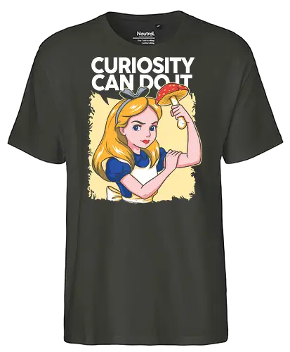 Curiosity Can Do It - A playful fantasy-inspired illustration celebrating curiosity, imagination, and courage through a clever reinterpretation of the iconic motivational poster. - Fairtrade T-Shirt