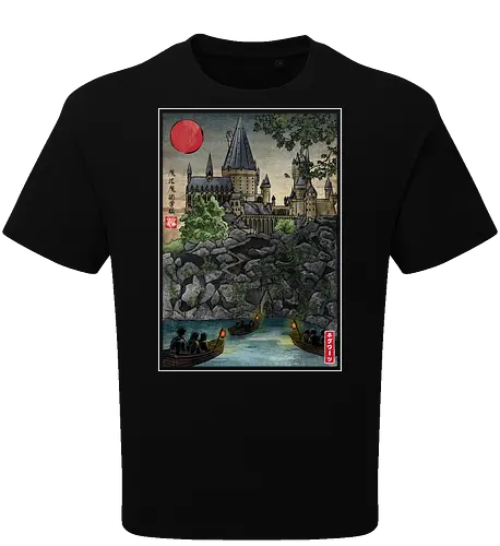 School of witchcraft and wizard woodblock - fantasy, wizard, ukiyo e, howarts, magic, castle, series, japanese art - Oversize T-Shirt