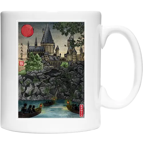 School of witchcraft and wizard woodblock - fantasy, wizard, ukiyo e, howarts, magic, castle, series, japanese art - Cup
