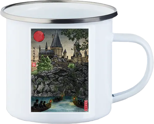 School of witchcraft and wizard woodblock - fantasy, wizard, ukiyo e, howarts, magic, castle, series, japanese art - Enamel Mug