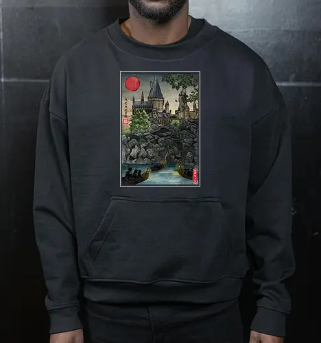 School of witchcraft and wizard woodblock - fantasy, wizard, ukiyo e, howarts, magic, castle, series, japanese art - Cropped Sweatshirt