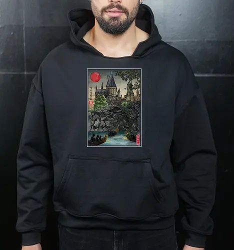 School of witchcraft and wizard woodblock - fantasy, wizard, ukiyo e, howarts, magic, castle, series, japanese art - Cropped Hoodie