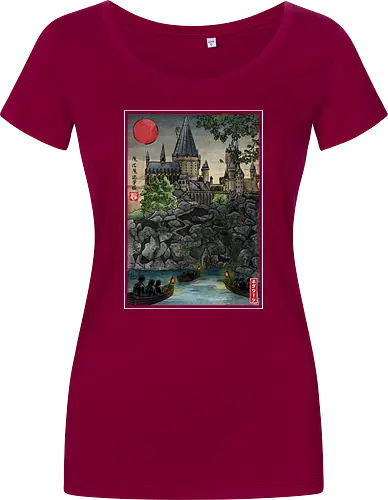 School of witchcraft and wizard woodblock - fantasy, wizard, ukiyo e, howarts, magic, castle, series, japanese art - Women T-Shirt