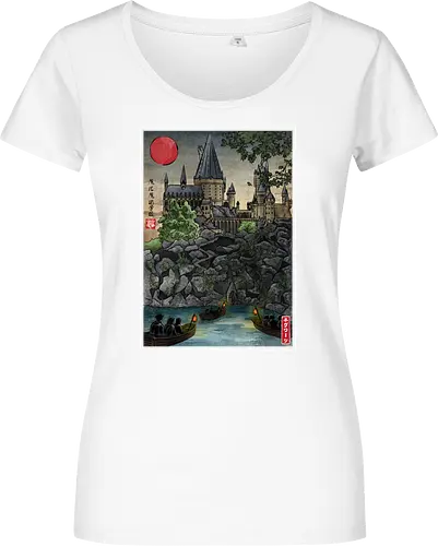School of witchcraft and wizard woodblock - fantasy, wizard, ukiyo e, howarts, magic, castle, series, japanese art - Women T-Shirt