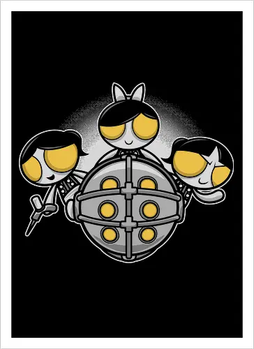 Super-Mädchen & Mechanischer Wächter - Geek-Kunst, Animationsmädchen, mechanischer Wächter, Gaming, Little Sisters, Big Daddy, Powerpuff Girls, mashup geek, Rapture, Unterwasserstadt, Cartoon-Mashup, Popkultur, Nerd-Druck, Spiele-Crossover, goldene Augen, Geek-Geschenke, animierte Dystopie, Roboter-Beschützer, mächtige Mädchen, Kugelrüstung, Kult-Illustration - Artprint