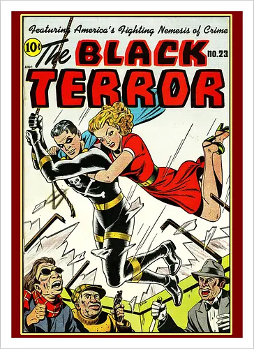 Klassischer Held der 40er - Vintage Comic Kunst, Retro 1940er Cover, Black Terror, Golden Age Comics, klassischer amerikanischer Held, Pulp Comic Kunst, Vintage Superheld, Retro Druck, Comic Sammler, 1940er Kunst, klassische Illustration, Sammler Geschenk, goldenes Zeitalter Comic, Schwarzer Anzug Held, ikonisches Cover, Retro amerikanische Kunst, klassische Popkultur - Artprint