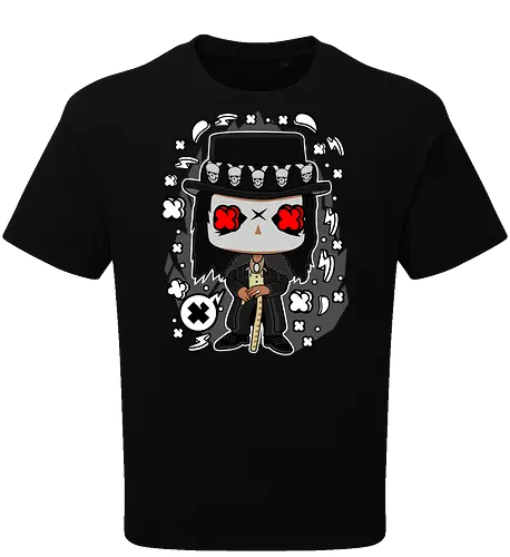 Voodoo-Entität Chibi - dunkle Chibi-Kunst, Voodoo-Entität, Totenkopf-Zylinder, rote Augen, Horror-Druck, übernatürlicher Charakter, Papa Legba, American Horror Story, AHS Coven, Funko Pop, vodu, Geek Horror Kunst, Chibi Sammlerstück, Machtstab, Horror-Fan-Geschenk, mystische Figur, Voodoo-Ästhetik, Horror-Geek-Kleidung, exklusive dunkle Kunst, geheimnisvoller Charakter - Oversize T-Shirt